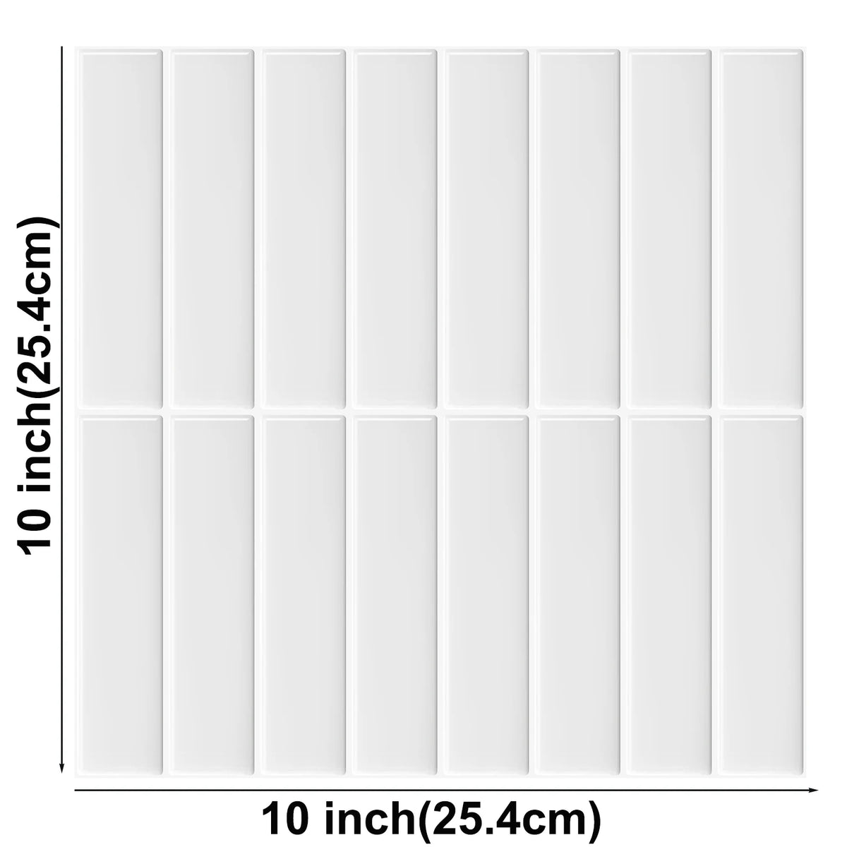 White vertical stacked peel-and-stick tile sheet, 25.4 x 25.4 cm, front view with dimensions