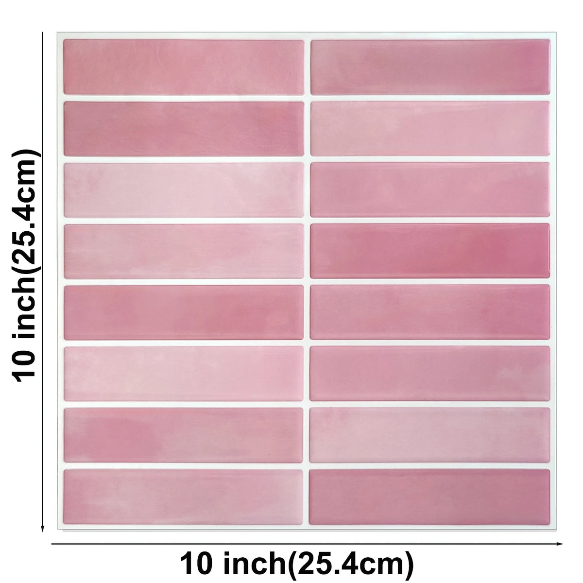 Pink horizontal stacked peel-and-stick tile sheet, 25.4 x 25.4 cm, front view with dimensions