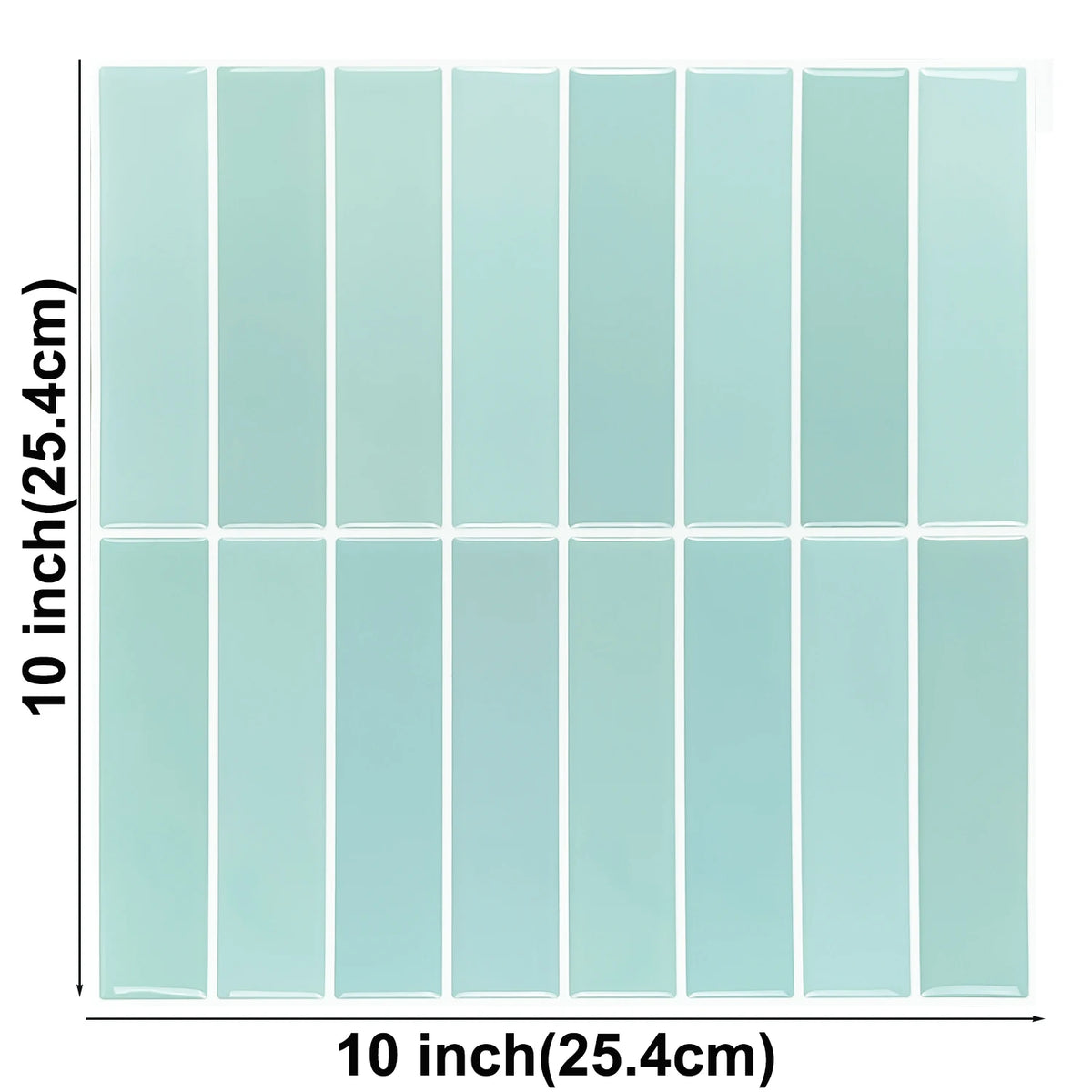 Mint green vertical stacked peel-and-stick tile sheet, 25.4 x 25.4 cm, front view with dimensions