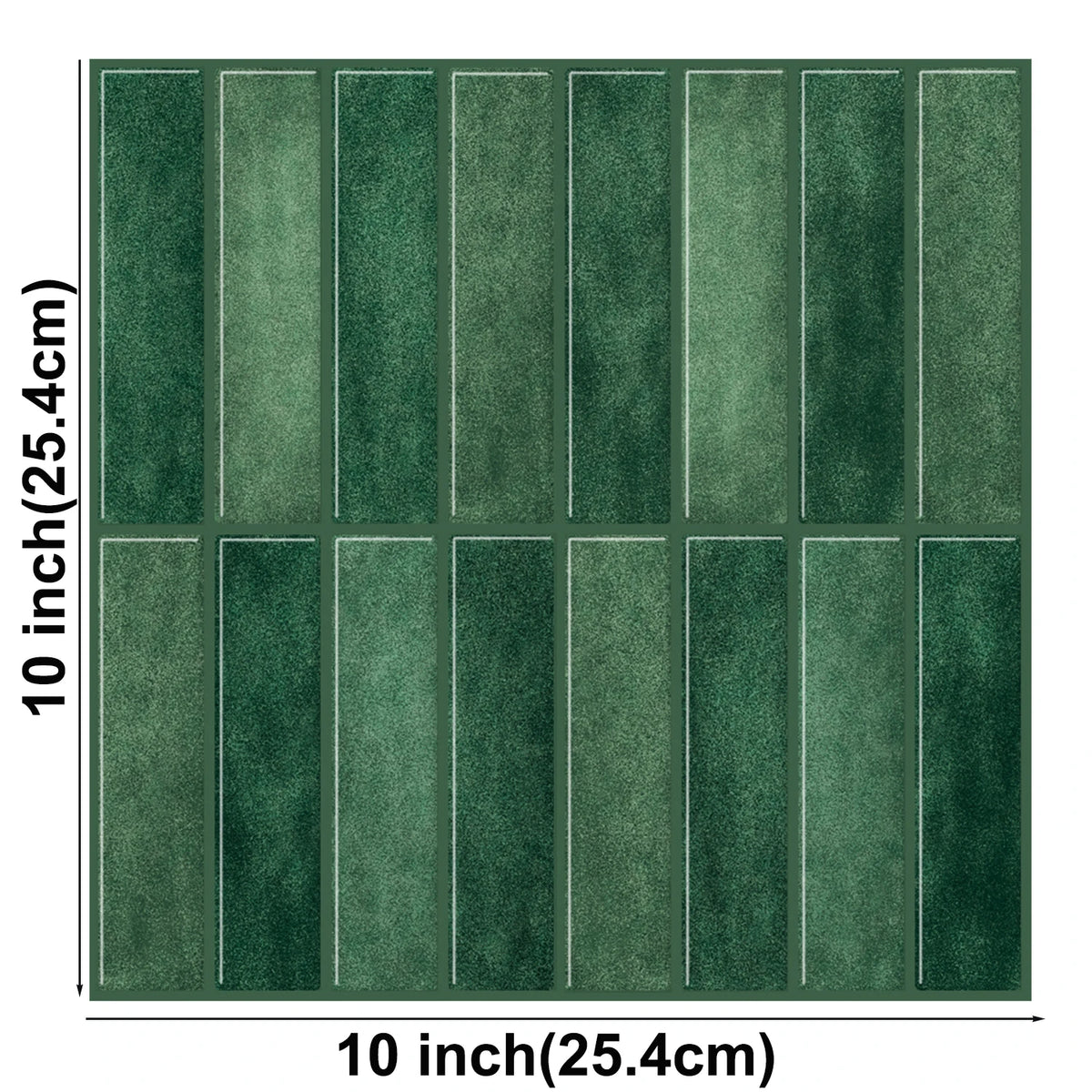 Green vertical stacked peel-and-stick tile sheet, 25.4 x 25.4 cm, front view with dimensions