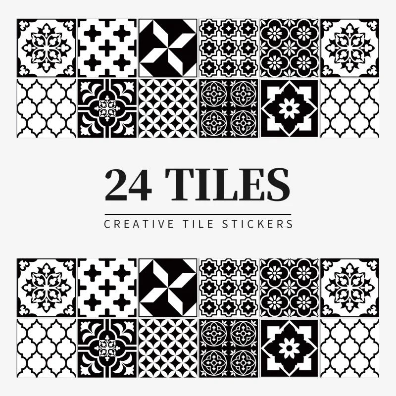 Black and white geometric tile stickers, design HZ59, shown as a set of 24 squares