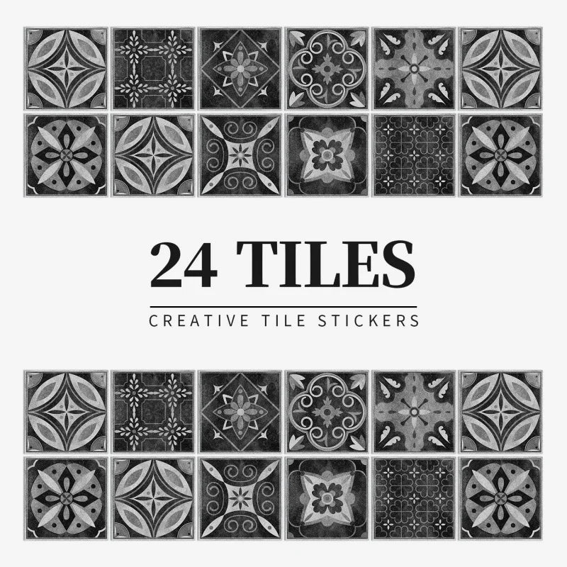 Dark grey patterned tile stickers, design HZ100, shown as a set of 24 squares