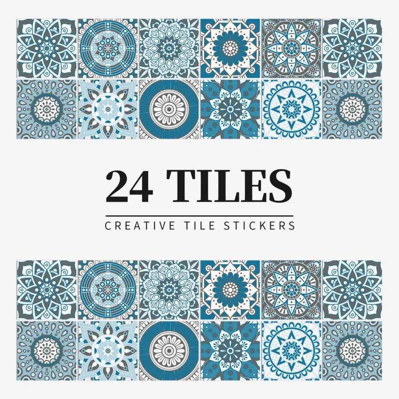 Teal and white mandala tile stickers, design HZ48, shown as a set of 24 squares