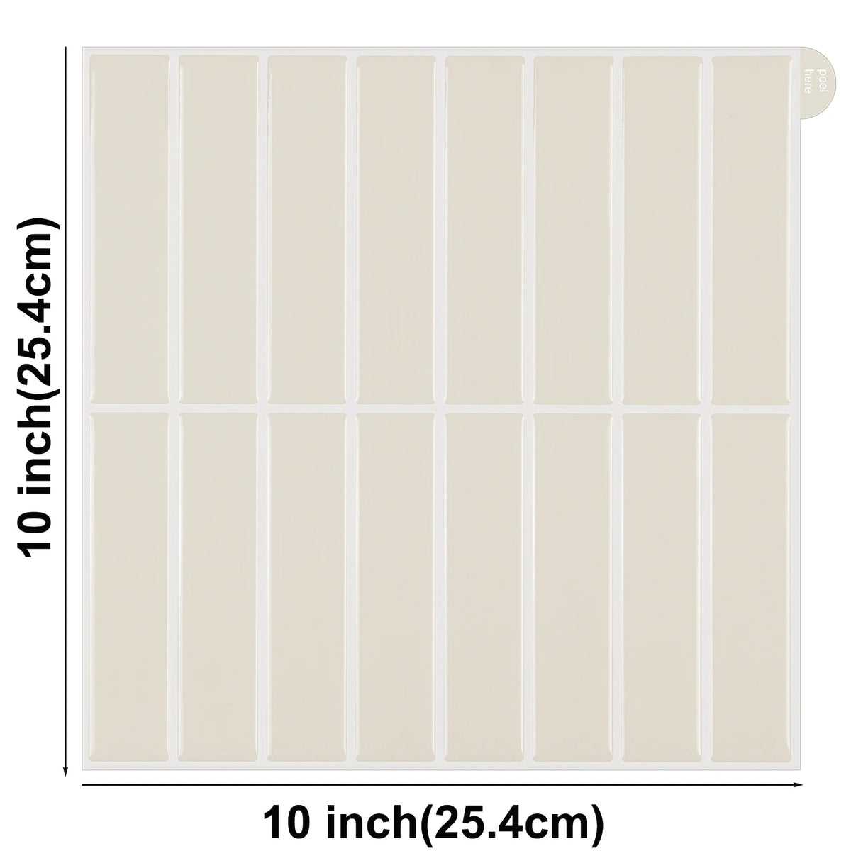 Beige vertical stacked peel-and-stick tile sheet, 25.4 x 25.4 cm, front view with dimensions