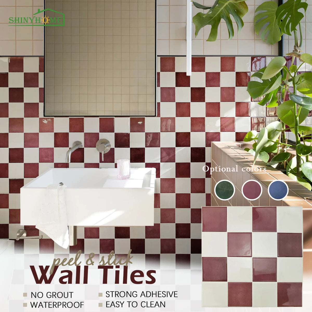Burgundy check self-adhesive tiles on a bathroom wall behind a white washbasin