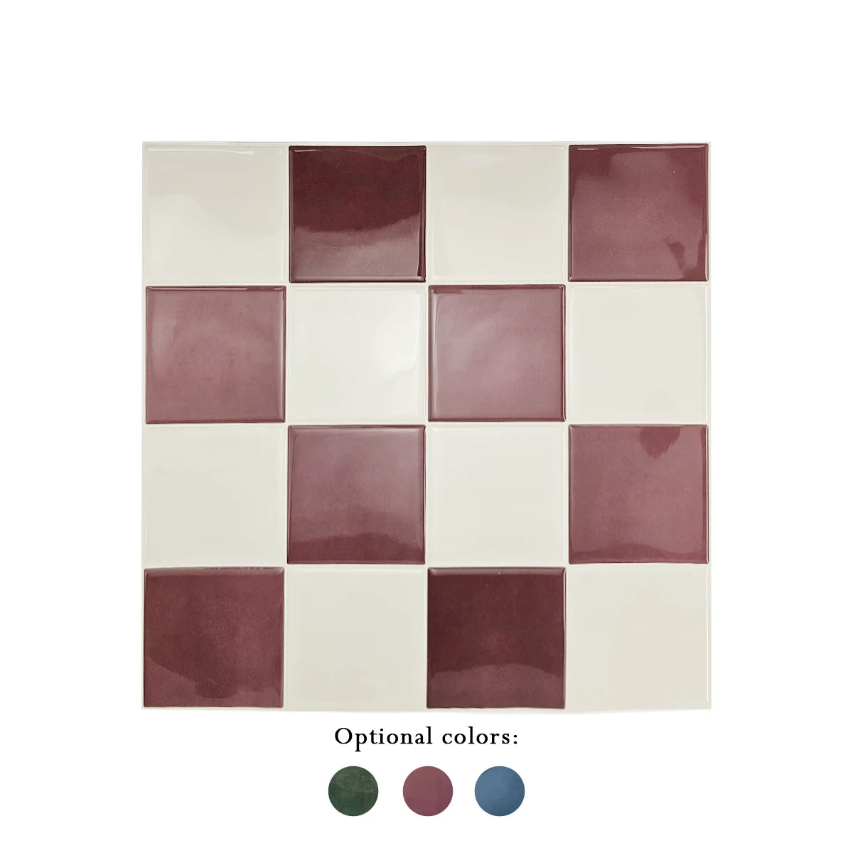 Burgundy and off-white check peel-and-stick tile sheet with a glossy glazed look, front view