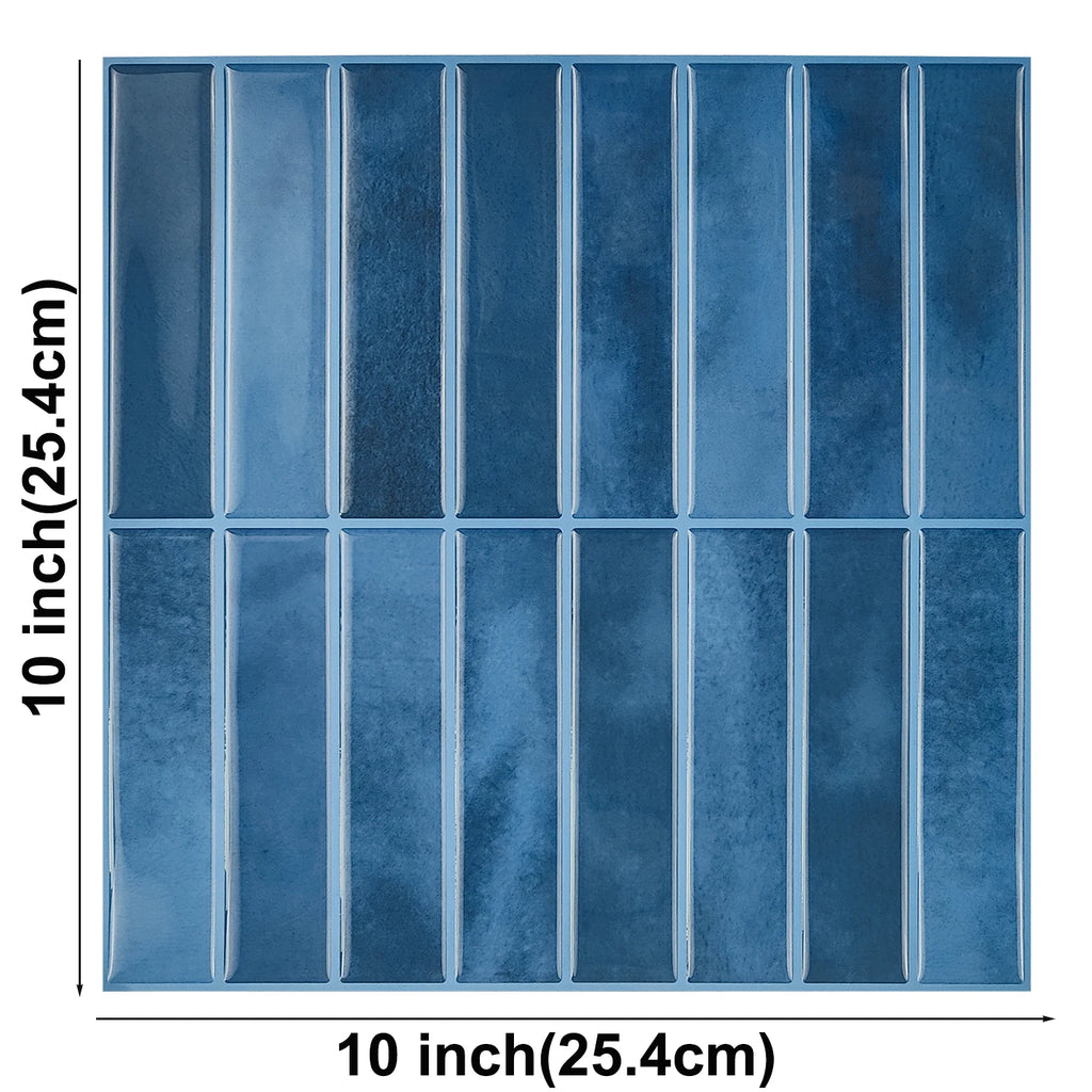 Blue vertical stacked peel-and-stick tile sheet, 25.4 x 25.4 cm, front view with dimensions
