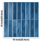 Blue vertical stacked peel-and-stick tile sheet, 25.4 x 25.4 cm, front view with dimensions