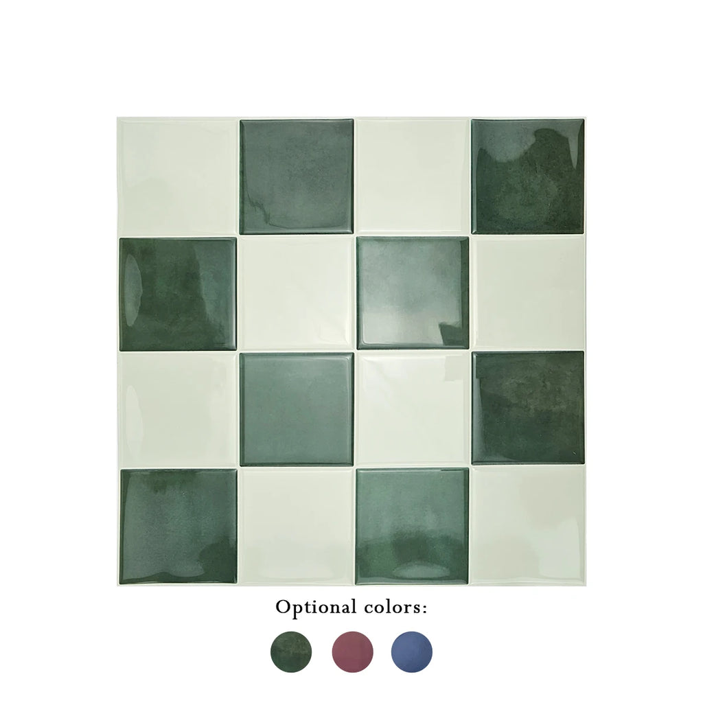 Army green and off-white check peel-and-stick tile sheet with a glossy glazed look, front view