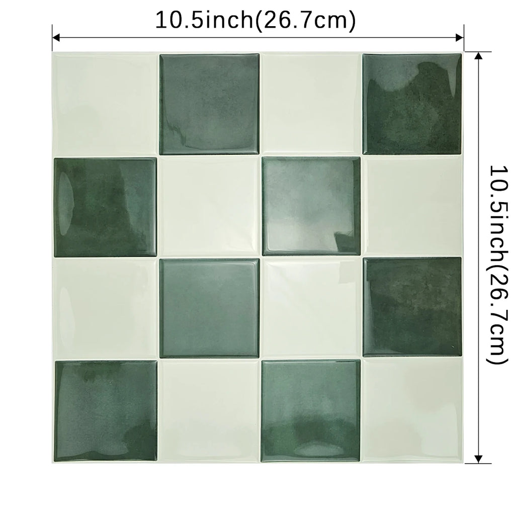 Square peel-and-stick mosaic tile sheet, green and off-white check, 26.7 x 26.7 cm with dimensions shown