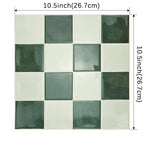 Square peel-and-stick mosaic tile sheet, green and off-white check, 26.7 x 26.7 cm with dimensions shown