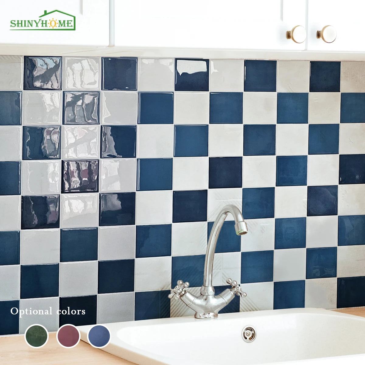 Blue check self-adhesive tiles behind a white kitchen sink with a chrome tap