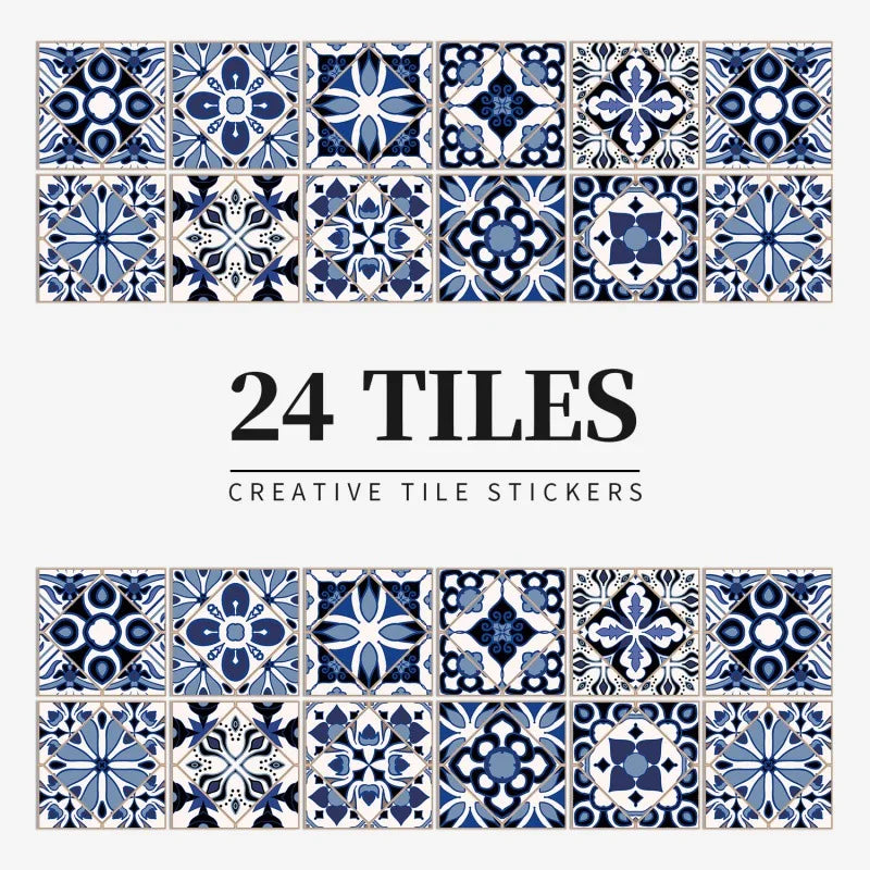 Navy blue and white patterned tile stickers, design HZ39, shown as a set of 24 squares