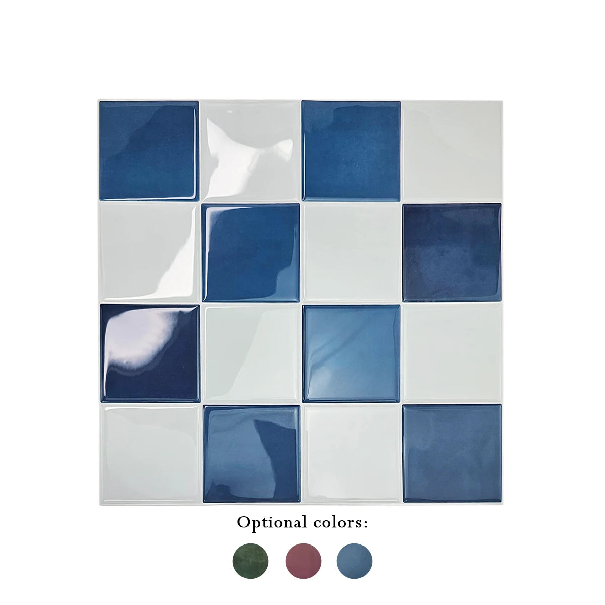 Sapphire blue and off-white check peel-and-stick tile sheet with a glossy glazed look, front view