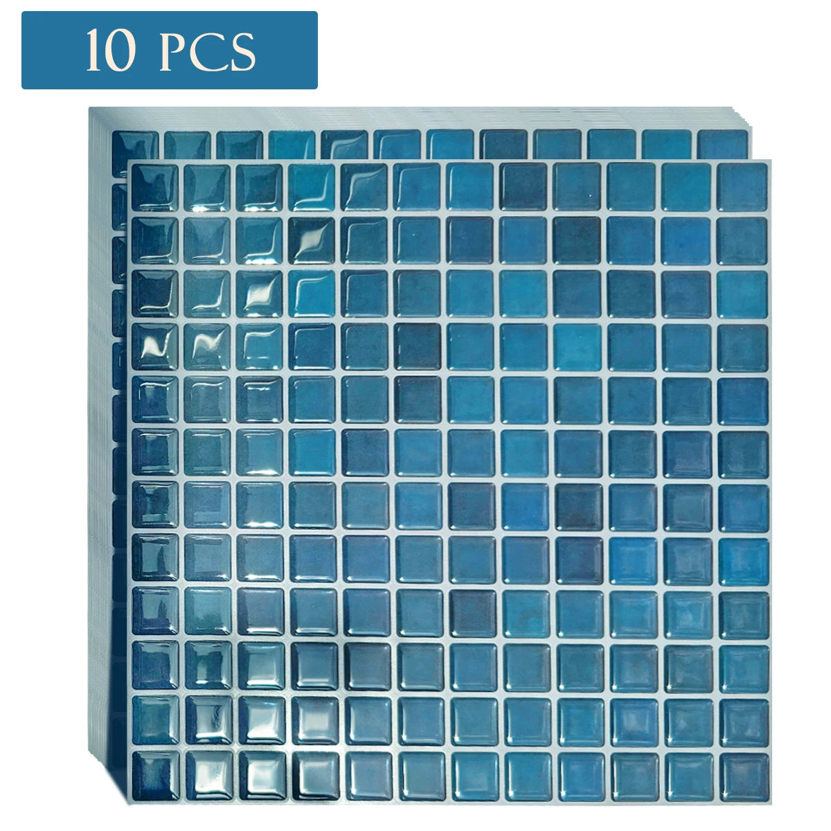 Stack of blue square mosaic peel-and-stick tile sheets