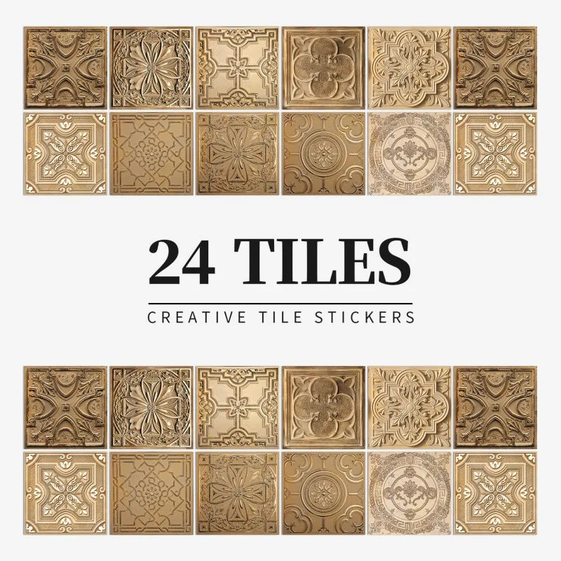 Gold embossed-effect tile stickers, design HZ75, shown as a set of 24 squares