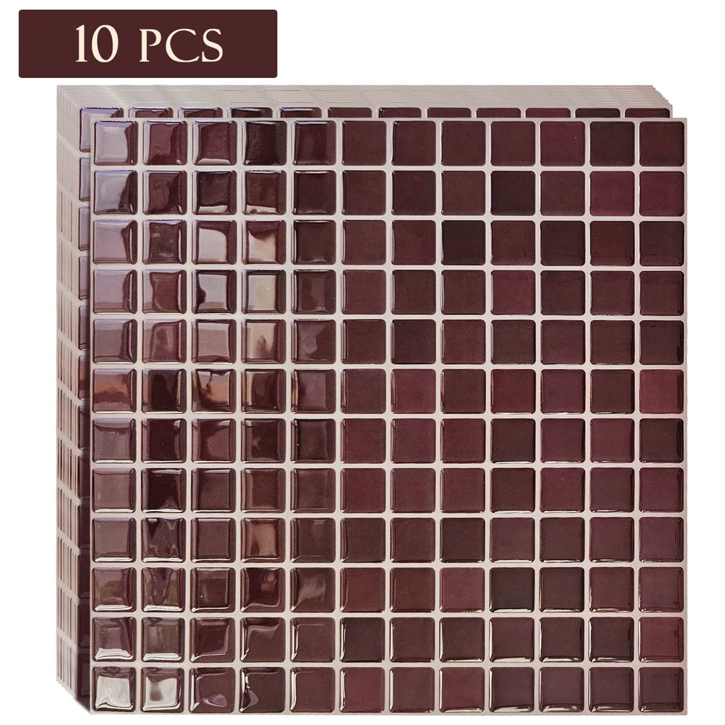 Stack of burgundy square mosaic peel-and-stick tile sheets