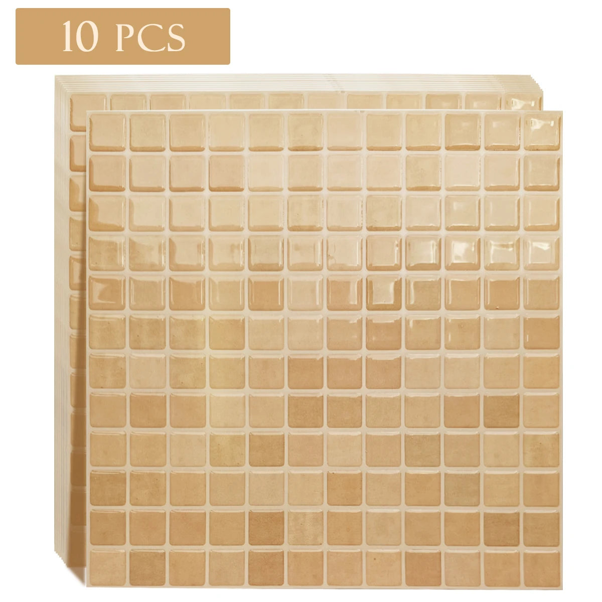 Stack of beige square mosaic peel-and-stick tile sheets