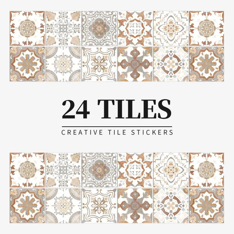 Beige and terracotta patterned tile stickers, design HZ41, shown as a set of 24 squares