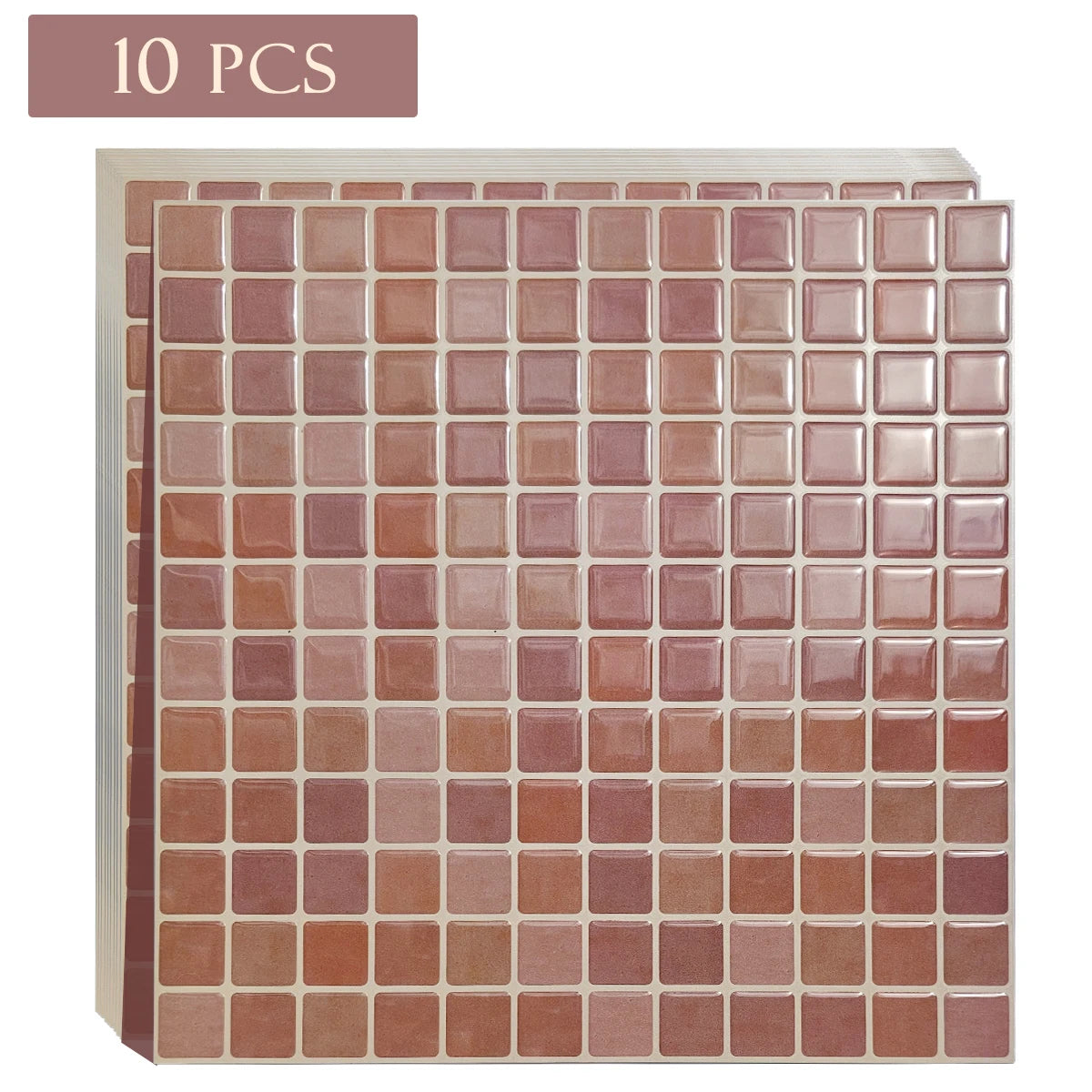 Stack of terracotta pink square mosaic peel-and-stick tile sheets