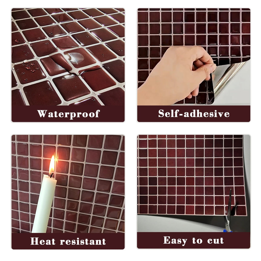 Four close-ups of the burgundy mosaic tile: waterproof, self-adhesive, heat resistant, easy to cut