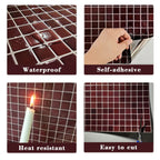 Four close-ups of the burgundy mosaic tile: waterproof, self-adhesive, heat resistant, easy to cut