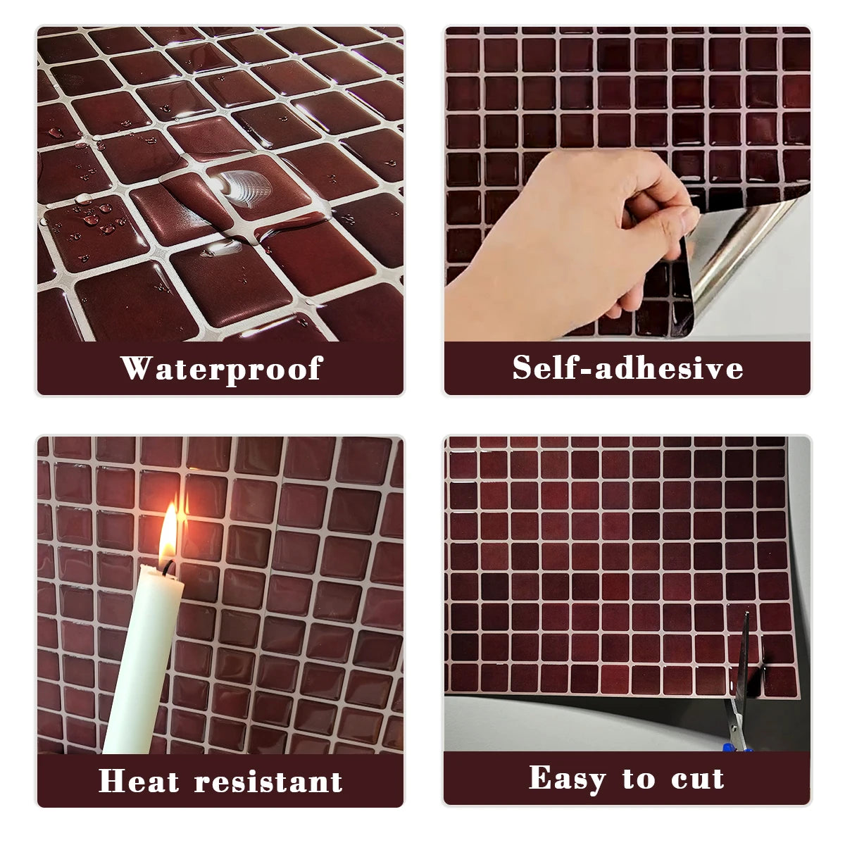 Four close-ups of the burgundy mosaic tile: waterproof, self-adhesive, heat resistant, easy to cut