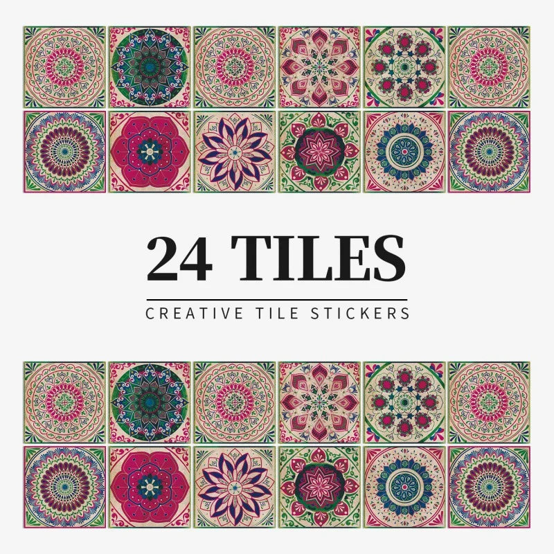 Magenta and teal mandala tile stickers, design HZ55, shown as a set of 24 squares