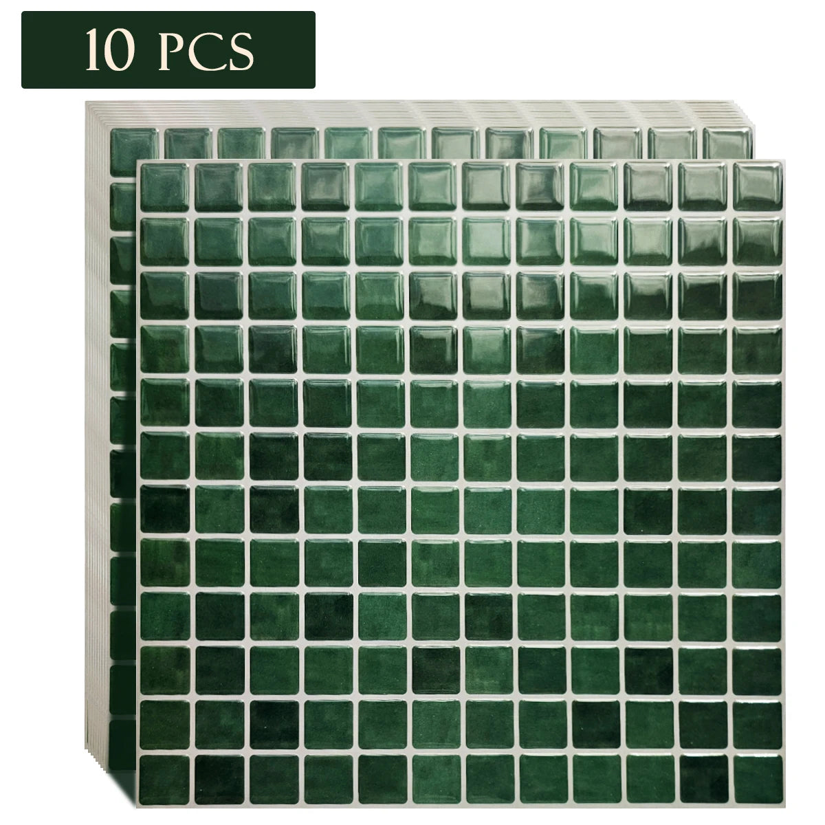 Stack of dark green square mosaic peel-and-stick tile sheets