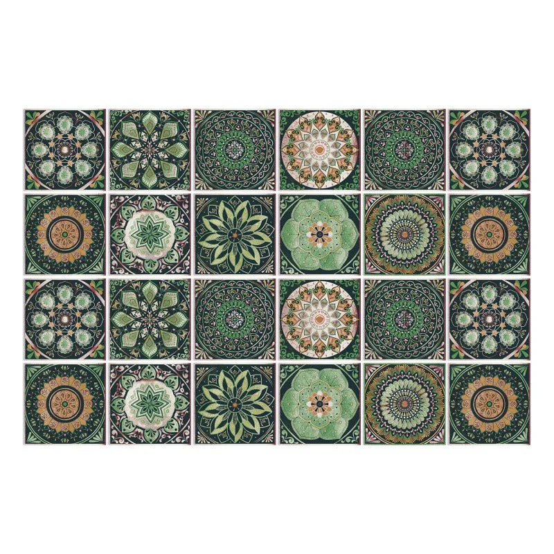 Set of 24 green and terracotta mandala tile stickers laid out in a grid, front view