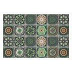 Set of 24 green and terracotta mandala tile stickers laid out in a grid, front view