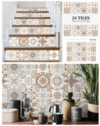 Collage: beige patterned tile stickers on stair risers and a kitchen wall, with product code label