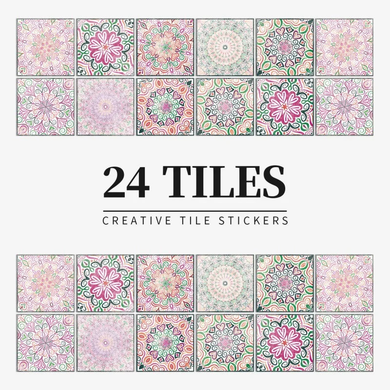 Pink and green floral mandala tile stickers, design HZ64, shown as a set of 24 squares