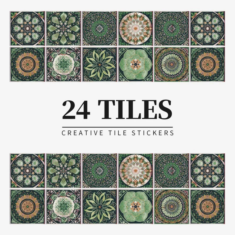 Green and terracotta mandala tile stickers, design HZ058, shown as a set of 24 squares