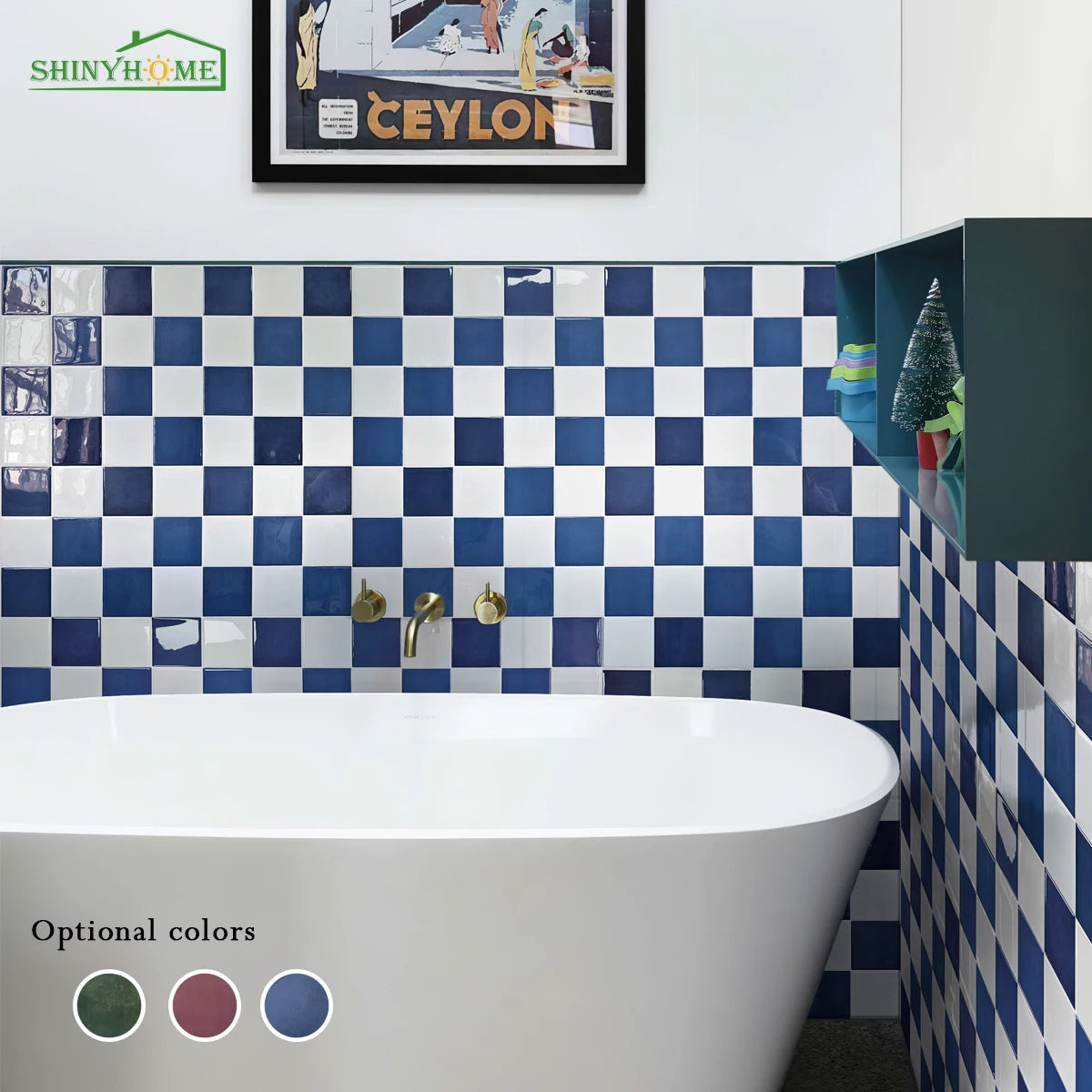 Blue check self-adhesive tiles on a bathroom wall behind a freestanding bathtub