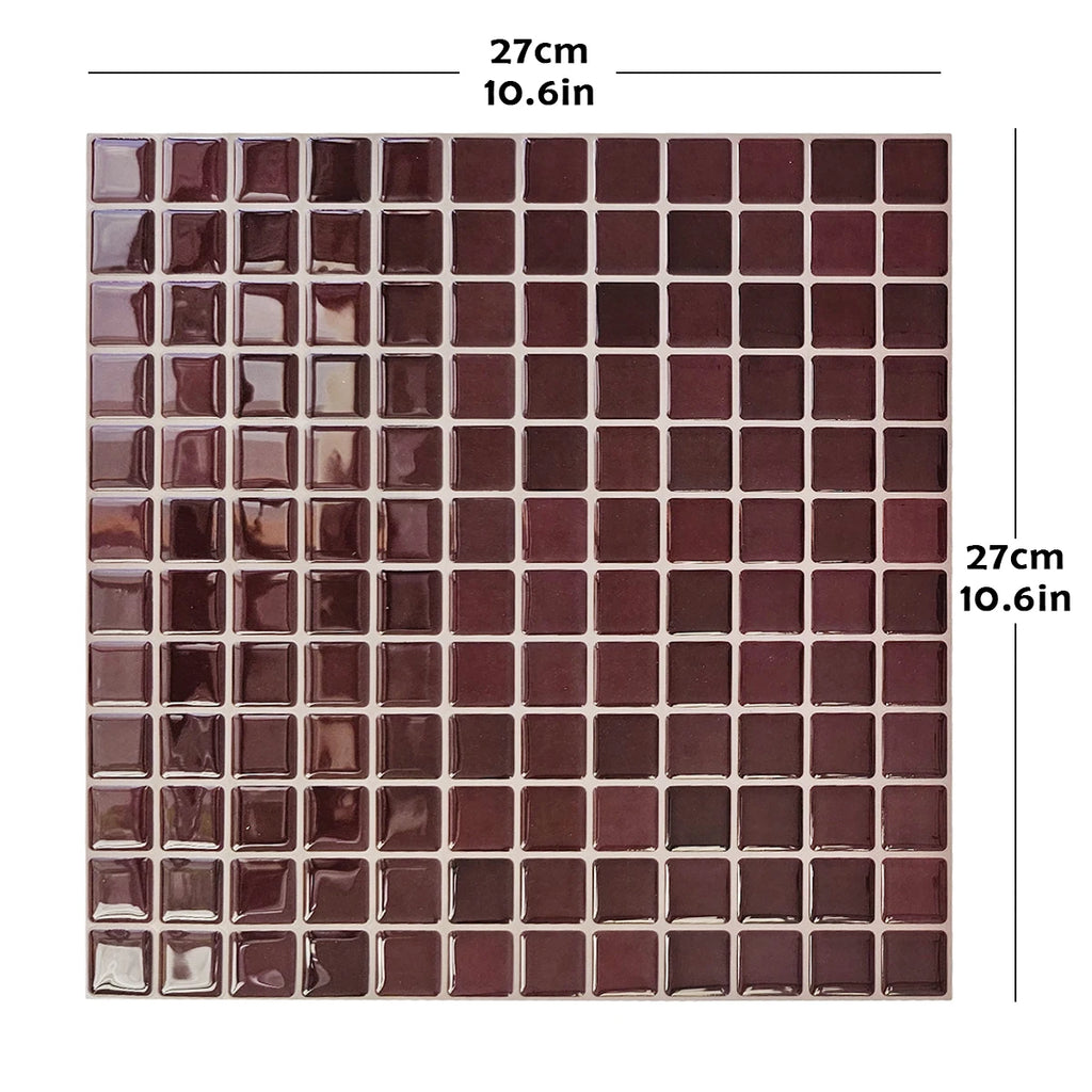 Burgundy square mosaic peel-and-stick tile sheet, 27 x 27 cm, front view with dimensions