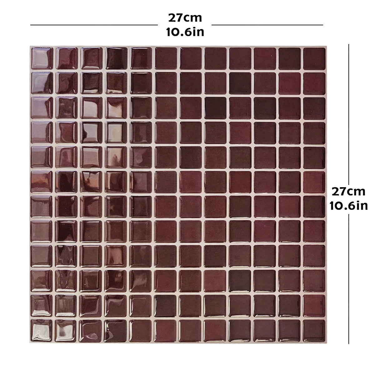 Burgundy square mosaic peel-and-stick tile sheet, 27 x 27 cm, front view with dimensions