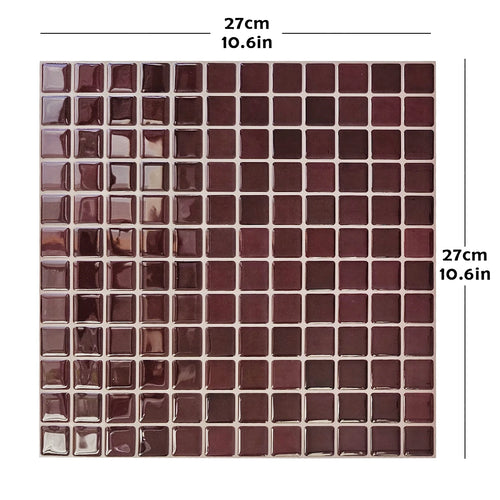 Burgundy square mosaic peel-and-stick tile sheet, 27 x 27 cm, front view with dimensions