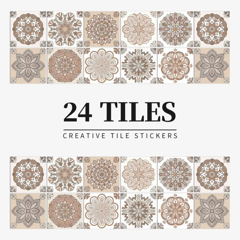 Beige and taupe mandala tile stickers, design HZ94, shown as a set of 24 squares