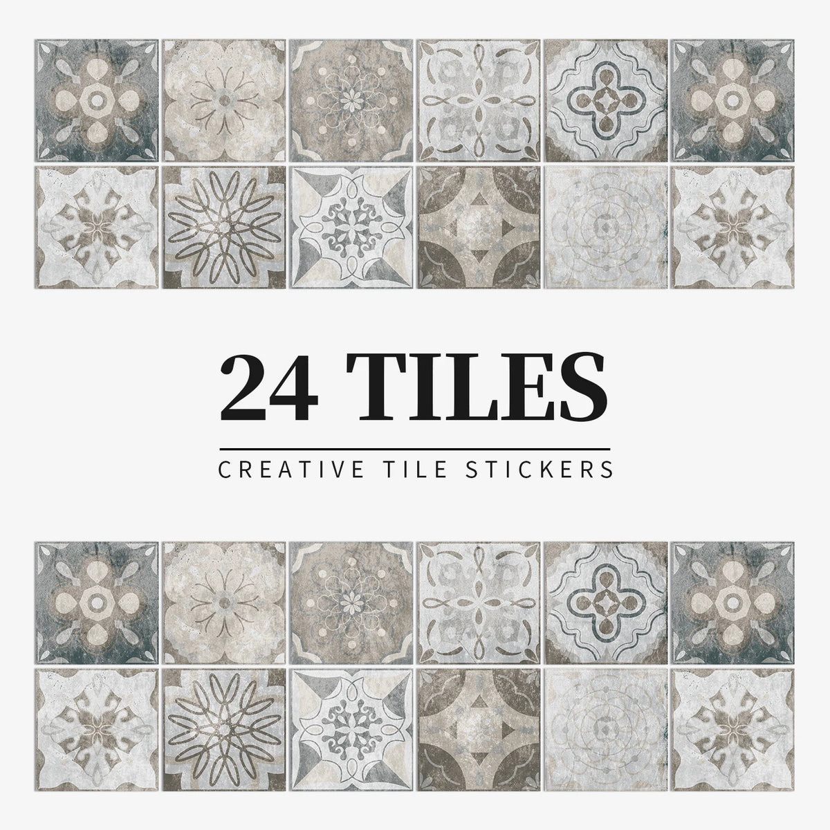 Grey and stone-effect patterned tile stickers, design HZ52, shown as a set of 24 squares