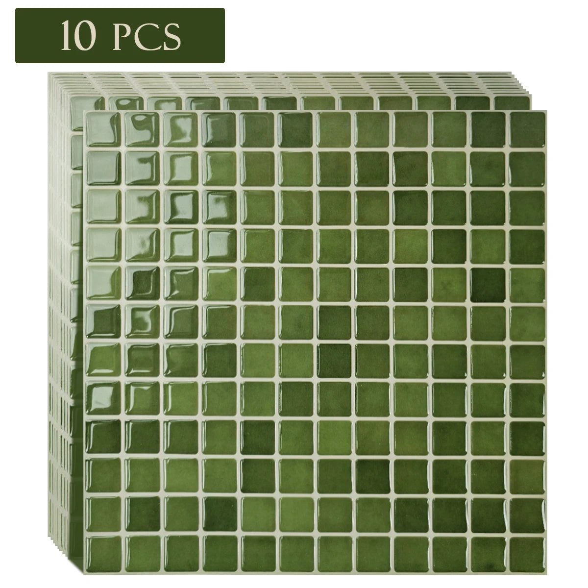 Stack of olive green square mosaic peel-and-stick tile sheets