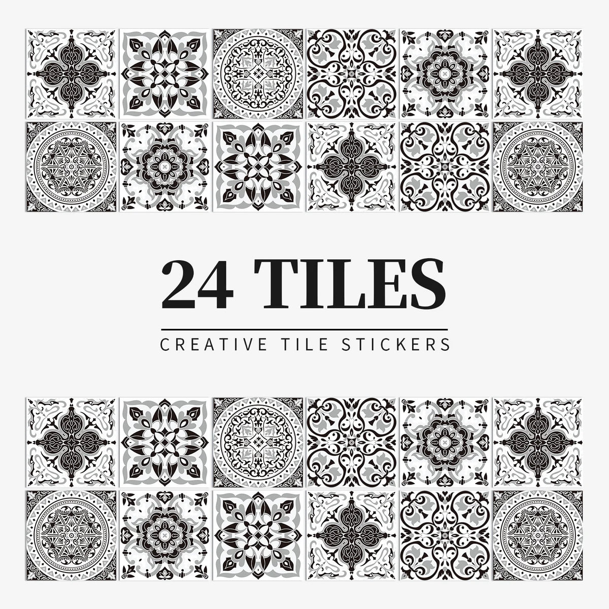 Black and white patterned tile stickers, design HZ42, shown as a set of 24 squares