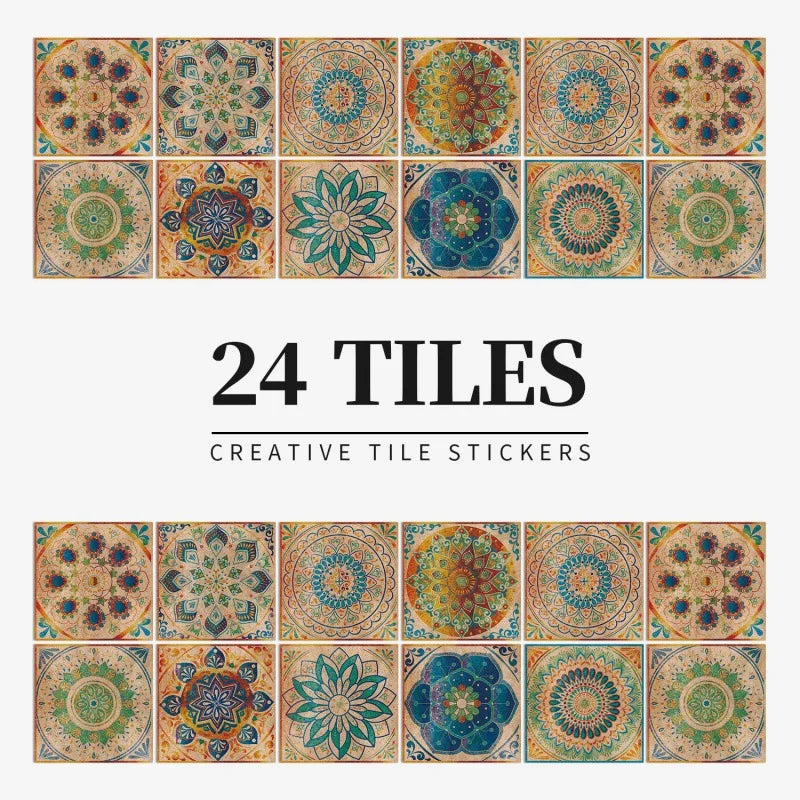 Multicoloured ochre and teal mandala tile stickers, design HZ56, shown as a set of 24 squares