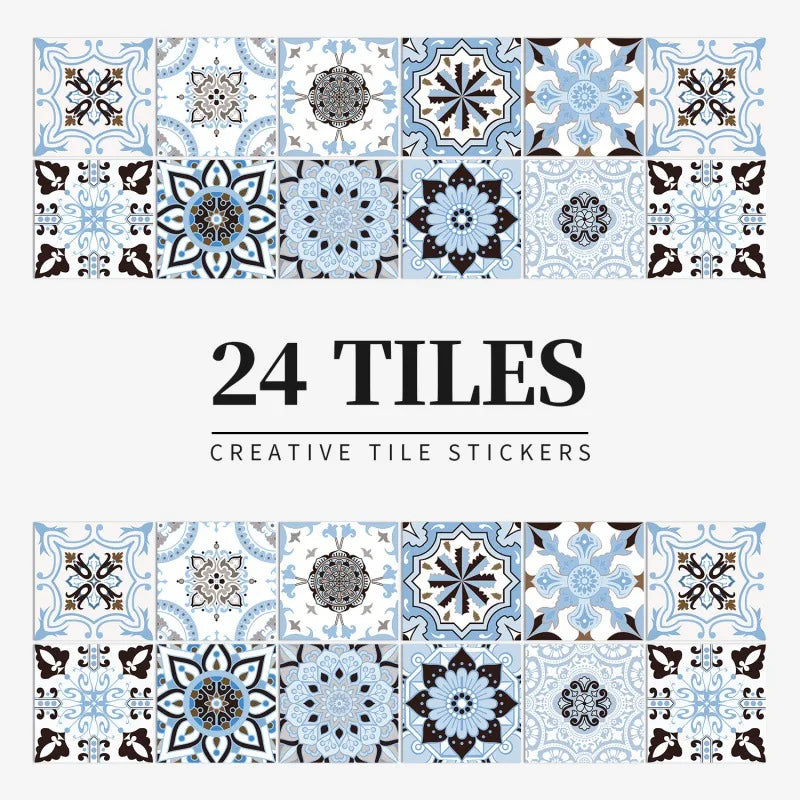 Light blue and black patterned tile stickers, design HZ29, shown as a set of 24 squares