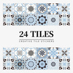 Light blue and black patterned tile stickers, design HZ29, shown as a set of 24 squares