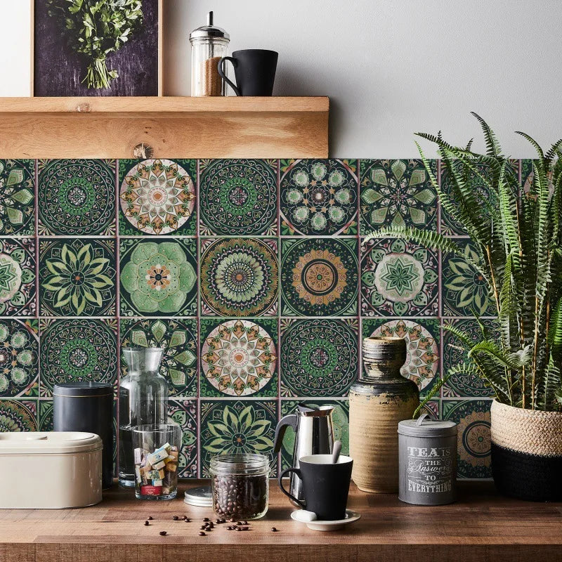 Green and terracotta mandala tile stickers as a kitchen backsplash behind a wooden shelf