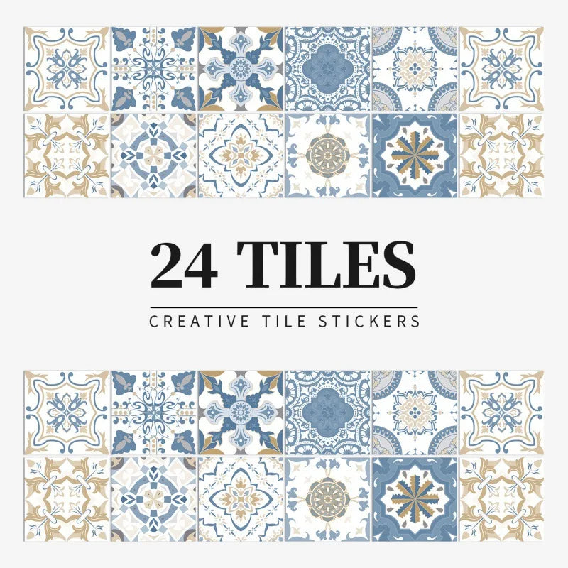 Blue and sand patterned tile stickers, design HZ37, shown as a set of 24 squares