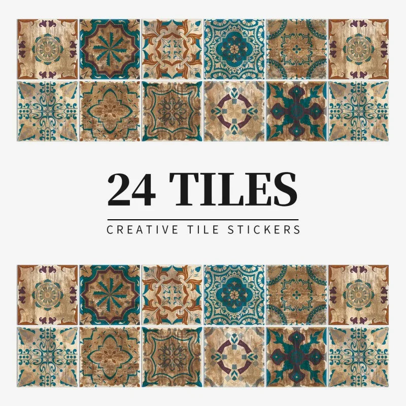 Teal and wood-effect patterned tile stickers, design HZ43, shown as a set of 24 squares