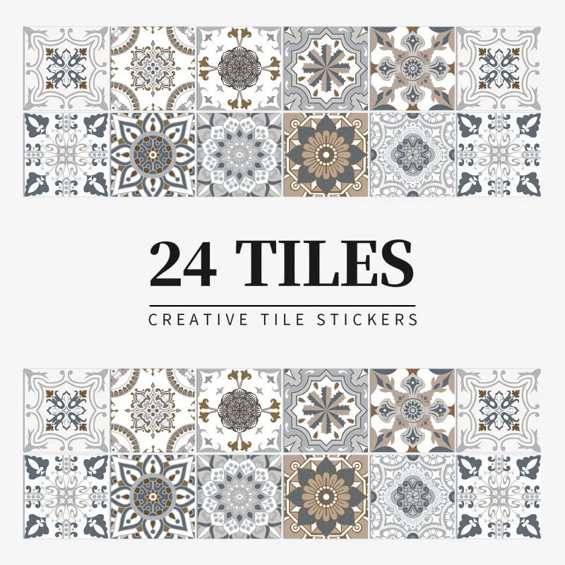 Grey and beige patterned tile stickers, design HZ33, shown as a set of 24 squares