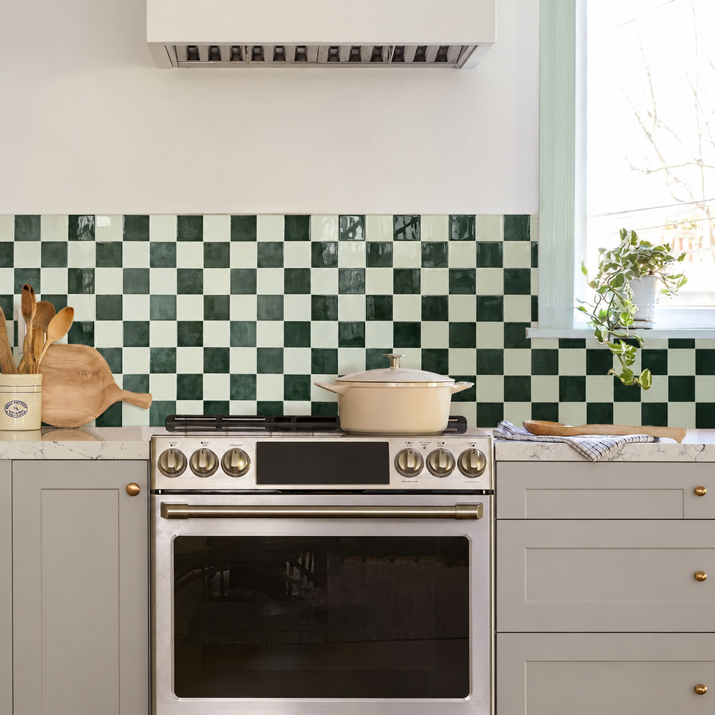 Scacco Forest — edited lifestyle image of the green and ivory checkerboard finish.